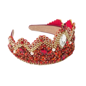 Baroque red rhinestone crown headband with pearls for luxury bridal wedding hair styling