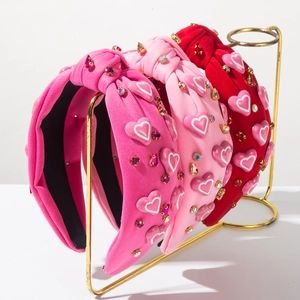 Dames Mode Geknoopte Brede Haarband Met 3D Hart Strass Decor Zoete Stof Haarband Festival Haaraccessoires