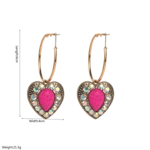 Bohemian gold-tone heart drop earrings with pink stone and rhinestones, 6cm length