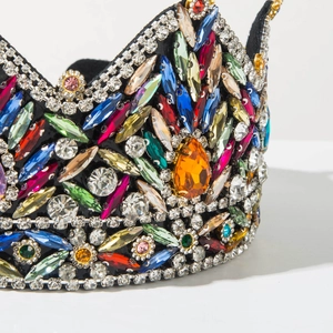 Detailed close-up of Baroque crown headband with multi-colored rhinestones and crystals