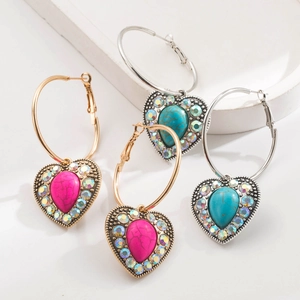 Vintage Bohemian Heart Dangle Earrings With Turquoise Rhinestone Inlaid Alloy Drop Earrings For Women Ethnic Jewelry