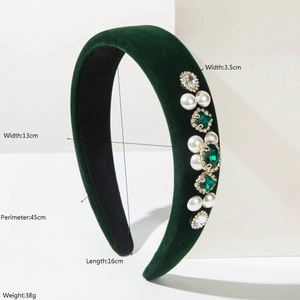 French vintage baroque velvet padded headband with emerald crystals and white pearls