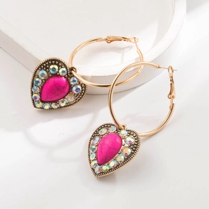 Bohemian gold hoop earrings with heart charm, colorful rhinestones and pink turquoise