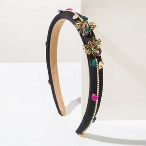 Baroque black velvet headband with luxury crystal rhinestones and metal bee ornaments