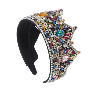 Baroque style wide headband crown with colorful rhinestones and crystal embellishments