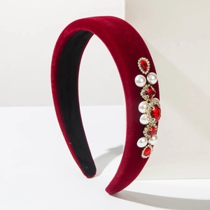 French vintage baroque red velvet headband with rhinestones and pearls on white stand