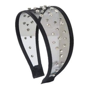 Fashionable black mesh headband with shiny silver rhinestones and metal rivets for women