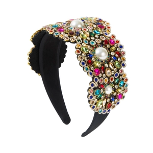 Serre-tête baroque large avec strass colorés et perles sur base en velours noir