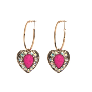 Vintage heart earrings in antique gold with pink marble stone and colorful rhinestones
