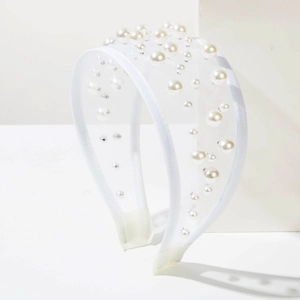 Elegant baroque bridal headband with white pearls and sheer tulle overlay mesh texture