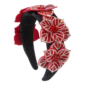 Baroque style wide headband featuring velvet fabric and three red rhinestone flower accents