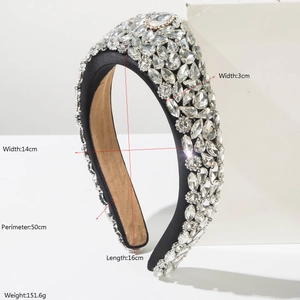 Baroque style wide headband featuring luxury rhinestones and crystals on black fabric base