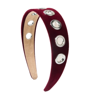 Baroque style burgundy velvet headband with silver metal grommets for women