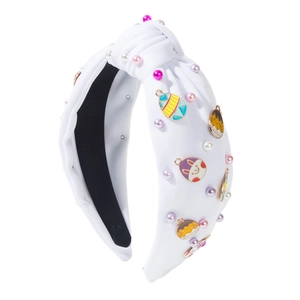 Easter knotted wide headband with colorful eggs, bunnies and pearls on white fabric