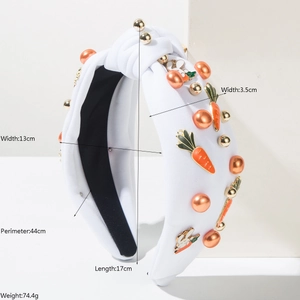 Serre-tête noué blanc avec carottes en perles et breloques lapin avec dimensions