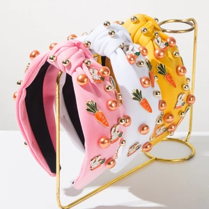 Serre-tête Large Noué Doux de Pâques Avec Breloques en Émail Lapin Carotte Künstliche Perle Strass Bandeau Cheveux Femme Mode