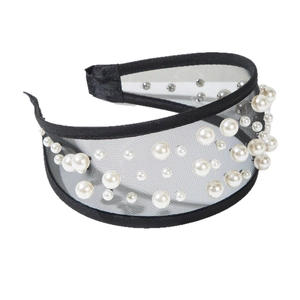 French vintage wide headband with black tulle and elegant white pearls for women