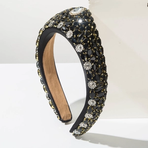 Baroque style wide black satin headband with crystals and silver flower ornaments