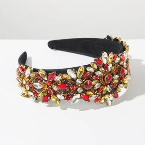 Serre-tête baroque large avec fleurs en cristaux étincelants sur tissu noir