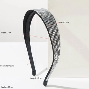 Sparkling silver rhinestone headband for women with product dimensions and sizing details