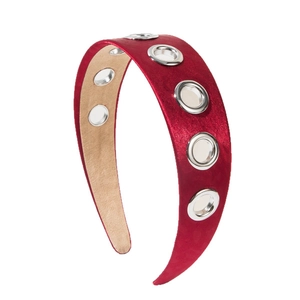 Retro dark red satin wide headband with stylish silver metal eyelets and anti-slip lining