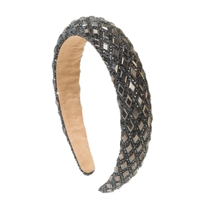 Sparkling wide padded headband with dark grey rhinestones and soft tan lining