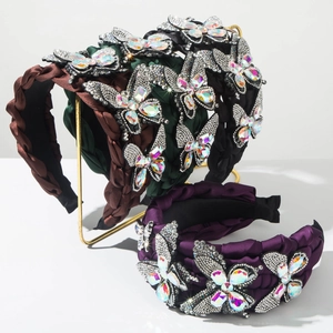 Baroque Vintage Braided Wide Headband For Women Luxury Fabric Rhinestone Butterfly Hair Band Elegant Hair Hoop Accessories