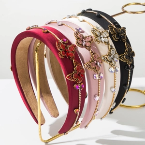 Vintage Padded Butterfly Rhinestone Headband Wide Elegant Satin Hair Hoop For Women Sparkly Crystal Lady Style Hair Accessories