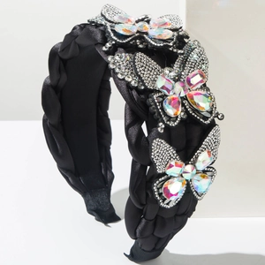 Luxurious wide headband with handmade braided fabric and sparkling diamond butterflies