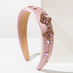 Pink satin headband with sparkling rhinestones and crystal butterfly ornaments