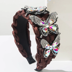 Brown braided headband with luxury crystal butterfly accents and rhinestone details