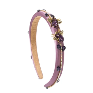 Vintage Baroque lavender satin headband featuring gold bee accents and crystal embellishments