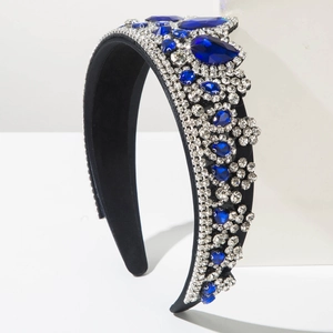 Cerchietto largo stile barocco con strass bianchi e cristalli blu su tessuto nero