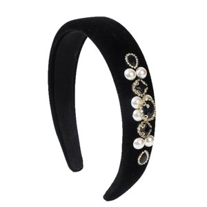 Baroque black velvet padded headband with white pearls and sparkling black rhinestones