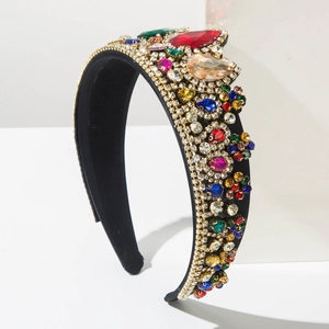 Cerchietto largo barocco con strass colorati e cristalli su base in velluto nero