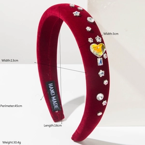 Serre-tête rembourré en velours rouge avec strass colorés en forme de cœur, 3 cm de large