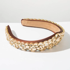 Close-up of Baroque headband showing detailed champagne rhinestones and brown satin texture