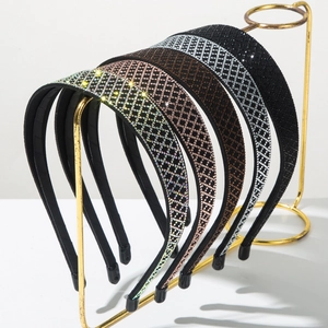 Women Retro Luxury Full Rhinestone Headband Grid Pattern Cloth Hair Hoop Sparkling Padded Hair Band Fashion Accessories Headwear Jewelry