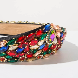 Detailed view of luxury baroque headband with multi-color rhinestones and black satin
