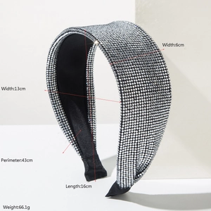 Sparkling silver rhinestone wide headband with black fabric base for elegant women styling