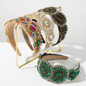 Baroque Wide Rhinestone Headband For Women Luxury Padded Fabric Hair Hoop White Black Green Crystal Hair Accessory