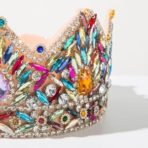 Detailed close-up of Baroque crown headband with multi-color rhinestones and crystals