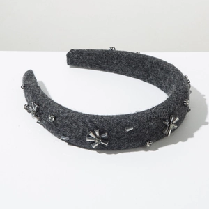 Minimalist dark grey wool headband with hand-sewn crystal sunflower decor