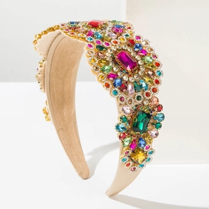 Luxury Baroque headband with colorful crystals on a beige padded fabric wide hairband