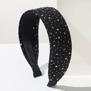 Fashionable wide headband with sparkling rhinestones on black knitted fabric for women