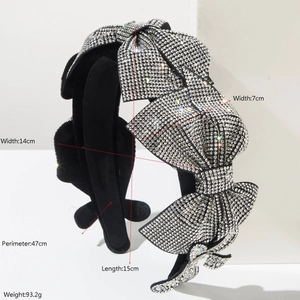 Luxury black velvet headband with sparkling rhinestone bow tie and detailed dimensions