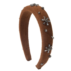 Brown padded wool headband with sparkling crystal sunflower patterns for women