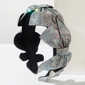 Sparkling crystal encrusted bow headband in black velvet for formal party wear