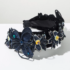 Baroque style dark blue velvet headband with butterfly and floral rhinestone crystals