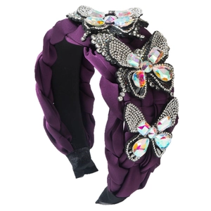 Elegant purple satin braided headband with sparkling rhinestone butterfly decorations